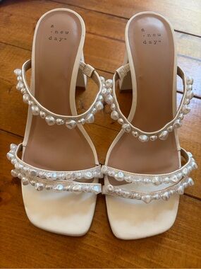 A New Day Pearl-Embellished Cream Heeled Sandals